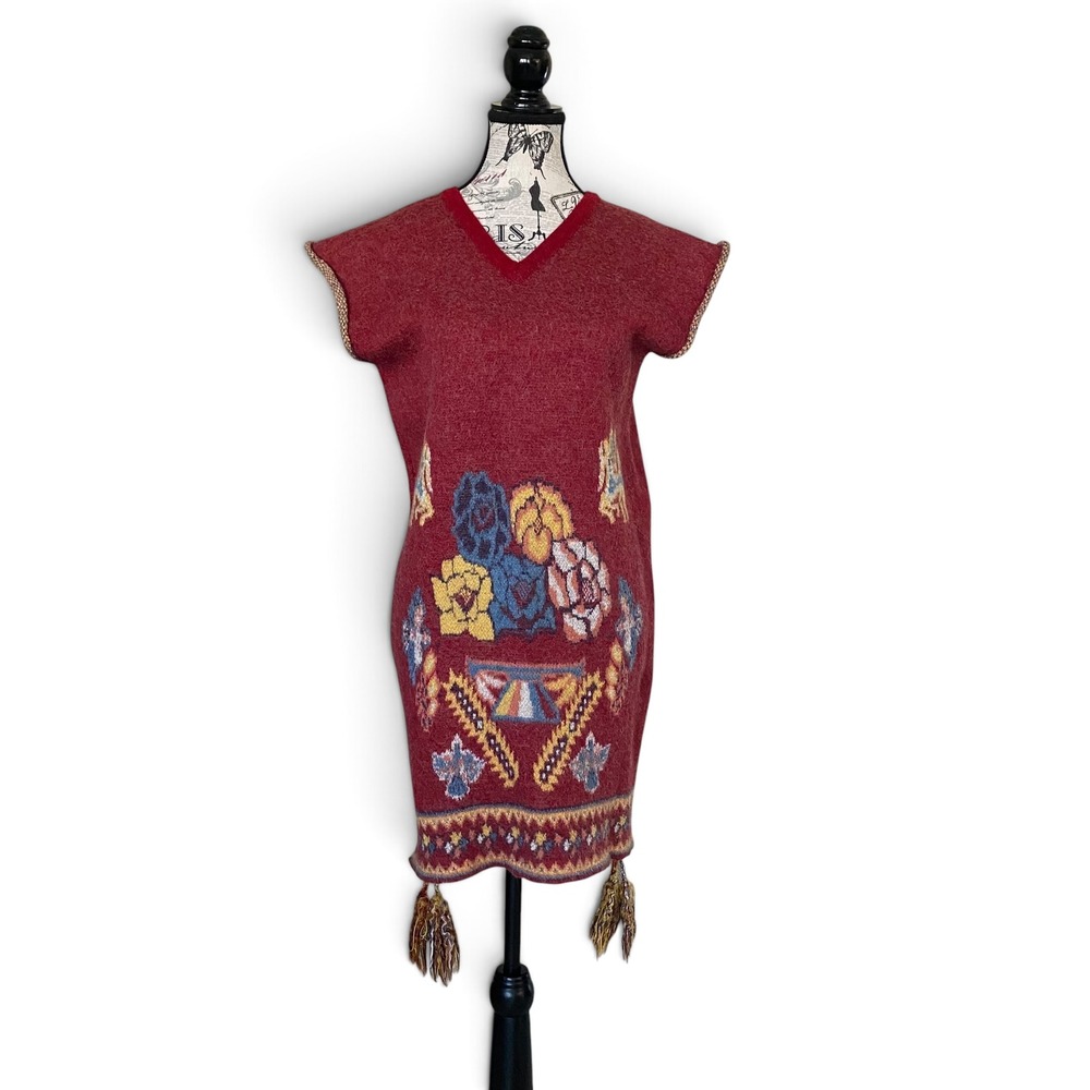 Carolina K Knit Tunic Dress Womens OS Red Floral Wool Blend Tassel Boho Folk